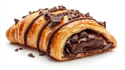 Wall Mural - A freshly baked croissant filled with rich chocolate, topped with a drizzle of chocolate and chocolate flakes. A perfect treat for any occasion, symbolizing indulgence, sweetness, pastry, breakfast