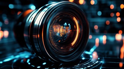Poster - A futuristic camera lens design with glowing elements, symbolizing technological advancement, innovation, vision, clarity, and the future of photography.