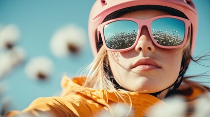 An individual is wearing a bright yellow jacket and pink helmet, enjoying an outdoor activity, surrounded by a natural setting with blurred elements in the foreground.