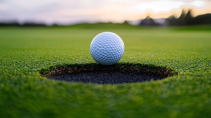 A golf ball rests precariously on the edge of the cup, symbolizing the tension and anticipation of a crucial putt. The green grass and distant background blur represent the course's beauty