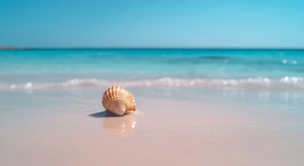 Sticker - A single seashell rests on the soft white sand by the clear blue ocean on a sunny day