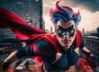 © Anton Dios - A superhero in mid-flight, soaring above a city skyline, demonstrating strength and agility during a bright afternoon