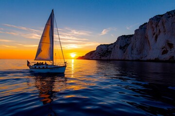 A serene sunrise cruise, where passengers enjoy the early morning calm as they sail past the cliffs of Cassis