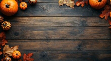 Poster - Decorative autumn arrangement with pumpkins and leaves on a rustic wooden background