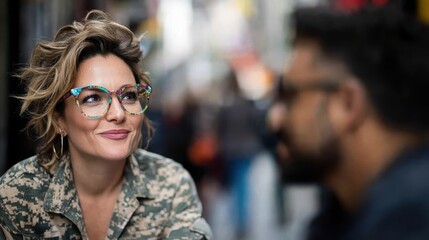 A cheerful woman with colorful floral glasses enjoys a conversation at an outdoor cafe, highlighting the essence of casual social interactions and happiness.