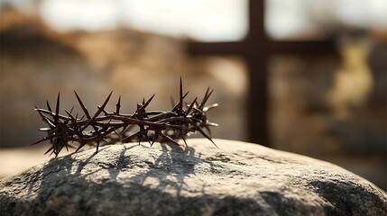 Wall Mural - A crown of thorns rests on a rock with a cross in the background.