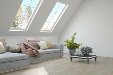 Wall Mural - White living room with sofa. Scandinavian interior design. 3D illustration