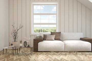 Wall Mural - White living room with sofa and summer landscape in window. Scandinavian interior design. 3D illustration