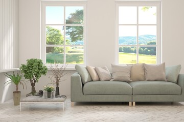 Wall Mural - White living room with sofa and summer landscape in window. Scandinavian interior design. 3D illustration