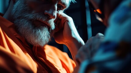 An older individual with a gray beard is sitting in a prison cell, wearing an orange jumpsuit, reflecting a somber and confined environment indicative of the justice system.