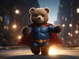 A courageous teddy bear superhero stands confidently in a bustling city street at night with a red cape flowing behind