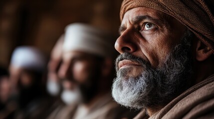 The image shows a close-up view of a person in traditional attire, focusing on cultural and religious significance, with a group of similarly dressed people blurred in the background.