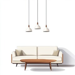 Canvas Print - Modern living room with a stylish white couch and three pendant lights above a wooden coffee table