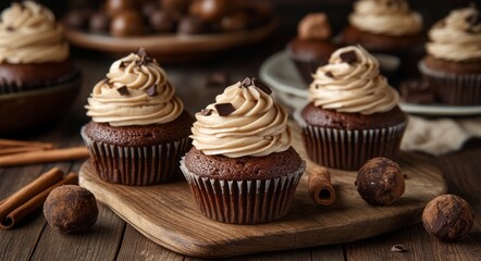 Delicious chocolate cupcakes with creamy frosting and toppings served on rustic wooden table