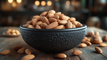 Bowl of almonds on rustic wooden table, healthy snack concept