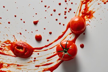 Wall Mural - Colorful Tomato Splashes and Sauce Drips on Bright White Surface