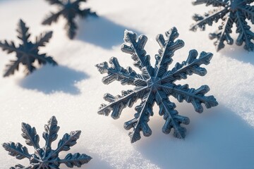 Wall Mural - Stunning Macro Photography of Intricate Snowflakes on Bright White Background