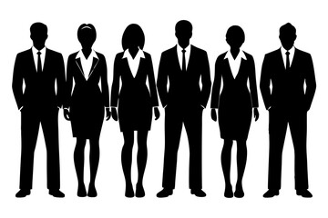 Group of Business Men and Women Silhouettes in Suits and Dresses. Silhouette of confident business people, business team silhouette.