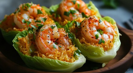 Wall Mural - Colorful shrimp and rice dish served in lettuce cups garnished with green onions