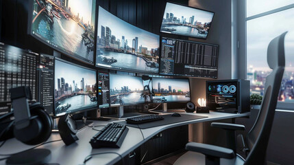 Desk setup with multiple monitors, a keyboard, and a sleek design.