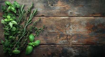 Wall Mural - Fresh herbs arranged on a rustic wooden table highlighting their vibrant colors and textures