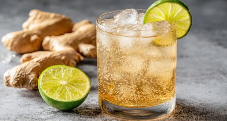 Wall Mural - Refreshing ginger lime drink with ice and lime slices on a table with fresh ginger