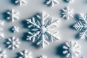 Wall Mural - Detailed Macro Study of Unique Snowflake Crystalline Structures on White Background