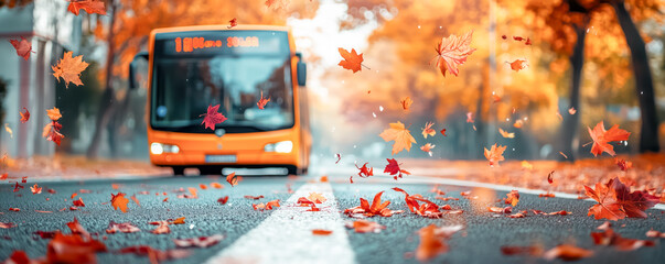 Wall Mural - Yellow bus moving on beautiful asphalt road with many colourful maple leaves falling from the trees in the park in autumn.