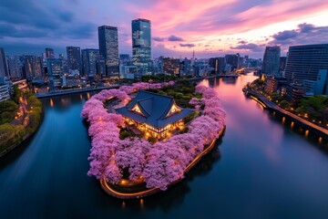 Osaka cityscape during cherry blossom season, as the trees bloom pink near Osaka Castle, adding a natural beauty to the urban landscape