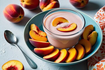 Delicious Creamy Peach Yogurt Smoothie with Fresh Peach Slices in a Colorful Bowl