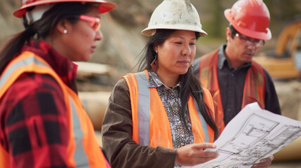 Indigenous woman engineer on a construction site, reviewing blueprints with colleagues