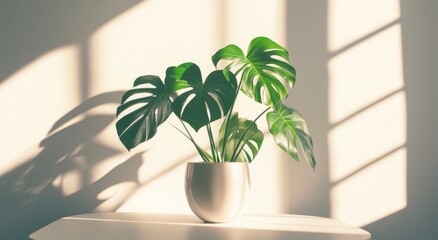 Wall Mural - Monstera plant in a vase casting interesting shadows on a textured wall during daylight