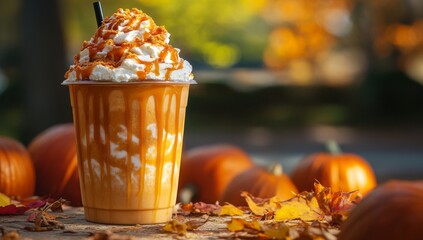 Wall Mural - Autumn-themed dessert beverage topped with whipped cream and caramel in a pumpkin patch