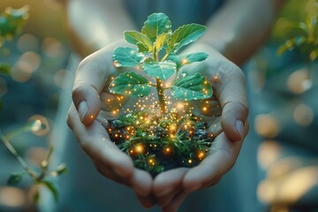 Aufkleber - Double exposure of solar power plant and hands hold a green plant in a flowerpot. Generative AI.