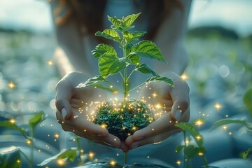 Aufkleber - Double exposure of solar power plant and hands hold a green plant in a flowerpot. Generative AI.