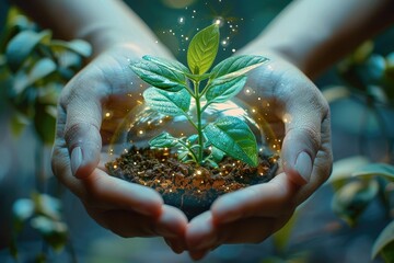 Aufkleber - Double exposure of solar power plant and hands hold a green plant in a flowerpot. Generative AI.