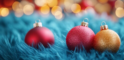 red and golden Christmas baubles on fluffy blue carpet, bokeh effects in the background