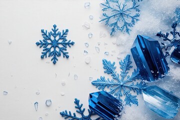 Wall Mural - Beautiful Snowflakes and Blue Ice Crystals on White Background