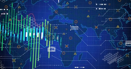 Wall Mural - Animation of data processing over world map on blue background