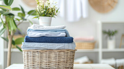 Stack of folded clothes on a laundry basket in a bright, clean laundry room.