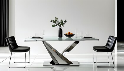 Wall Mural - Modern dining table featuring a sleek glass top and stylish chrome base against a minimalist white backdrop