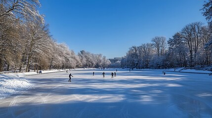 18. A picturesque frozen lake with a blanket of snow, ice skaters gliding across the surface under a clear blue sky