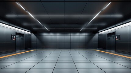 Poster - Large black wall, empty subway station, minimalist, with grey tones, simple lighting. Generative AI.