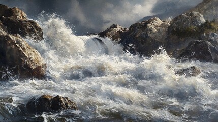 18. A dramatic river rapids scene with rushing water churning over boulders and creating frothy whitecaps