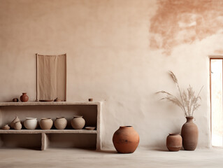 Wabi sabi and japandi japanese style rustic interior in in white, neutral and terracotta with wood, pottery and texture elements