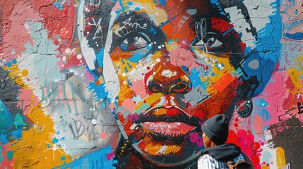 Vibrant street art of a woman's face with colorful abstract elements, showing urban creativity and cultural expression.