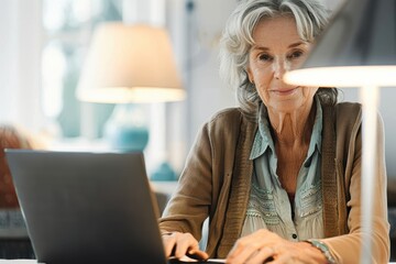 Wall Mural - Mature woman using the internet Happy mature woman using a laptop at home