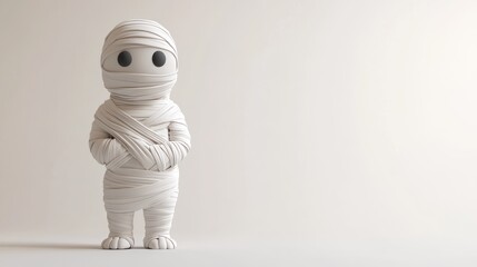 A cute, cartoonish mummy figure wrapped in bandages, standing with a playful posture.