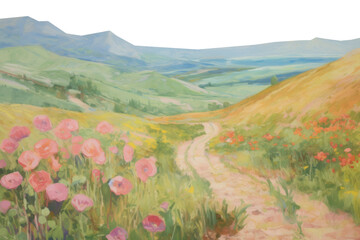 Wall Mural - PNG Flower fields on a hills painting landscape grassland.