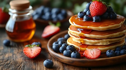 A stack of golden brown pancakes drizzled with maple syrup and topped with fresh strawberries and blueberries.